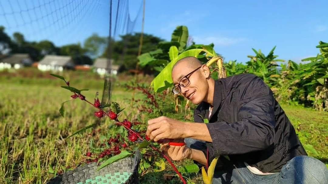 仰乐跪在菜园里，抱着一个大南瓜